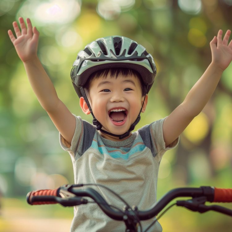 A boy wearing a helmet